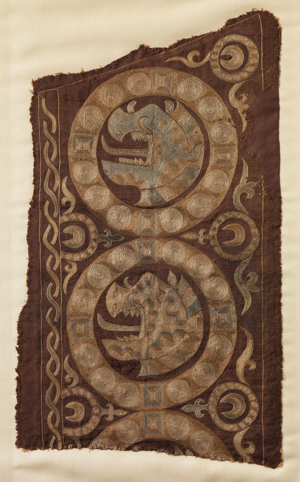 Maker Unknown, Sogdian People, Textile Fragment, Tang dynasty (618-907 CE), Embroidered compound weave silk, Cotsen Textile Traces Study Collection