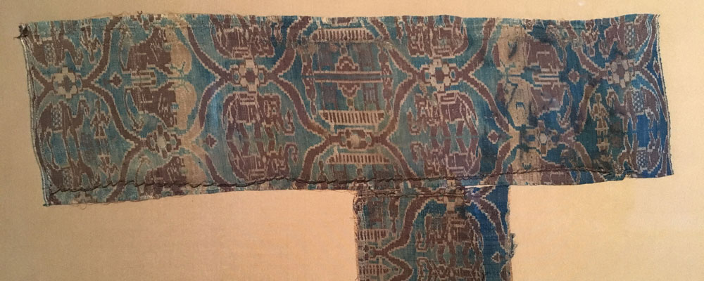 Two silk woven fragments, lions, elephants and camels in lattice warp-faced compound tabby, Six Dynasties period, 4th to 6th century, c. 0.41 x 0.12m and 0.10 x 0.12 m, Eskenazi