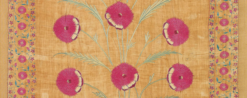 Mughal-style flowering plant in a cusped arch, possibly Gujarat, India, mid 18th century. Cotton embroidered in silk chain-stitch; 0.78 x 1.35 m (2' 7" x 4' 5"), Francesca Galloway 