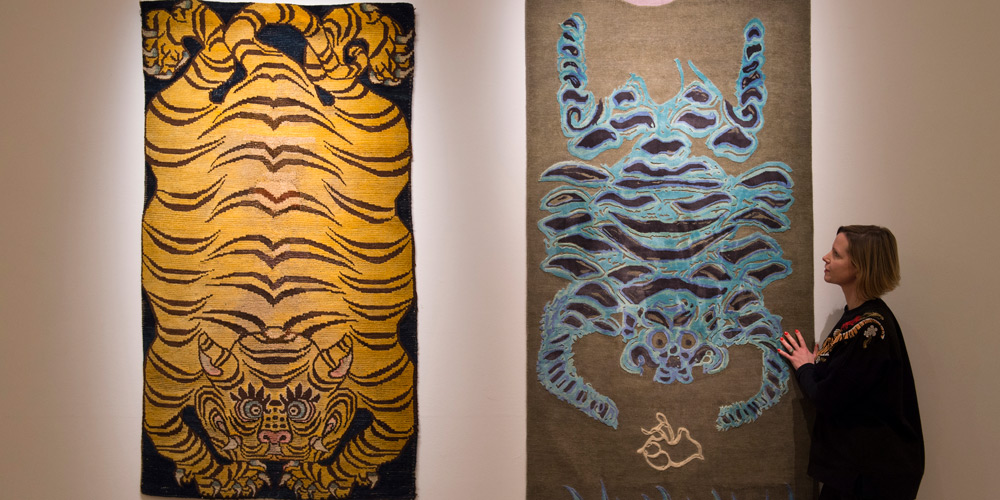 'Black Flayed Tiger', 1.73 x 0.94 m, paired with rug designed by Gary Hume, hand-knotted in hand-spun wool and silk by Christopher Farr for Tomorrow’s Tigers, on at Sotheby’s, London, 29 January – 4 February 2019.