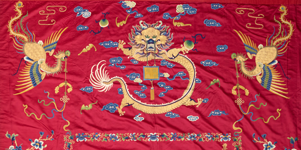 Detail of a commemorative hanging, mid 19th century, silk, metal wrapped yarns, Dallas Museum of Art, anonymous gift in honor of Joe B. Blakey, 1982.78