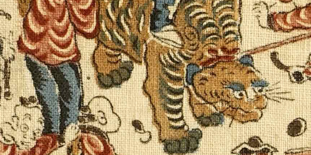 Detail of Japanese sarasa with hollandese peopel and animals. JAPON & JOUY / Dialogues between Sarasa and Indiennes. Musée de la Toile de Jouy.